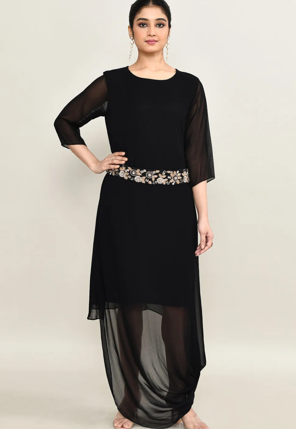 Hand Embroidered Pure Georgette Cowl Dress in Black