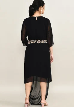 Hand Embroidered Pure Georgette Cowl Dress in Black