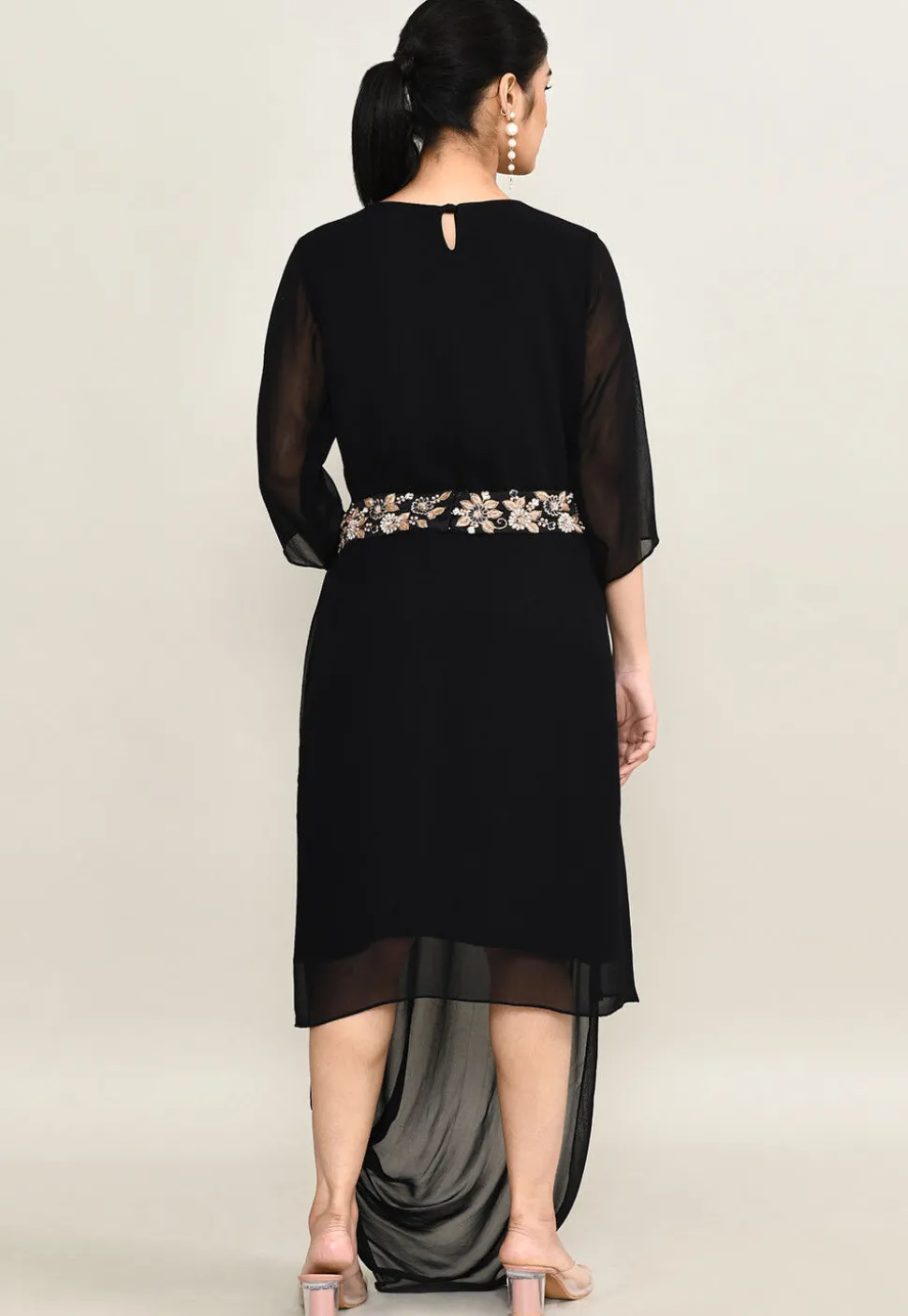 Hand Embroidered Pure Georgette Cowl Dress in Black
