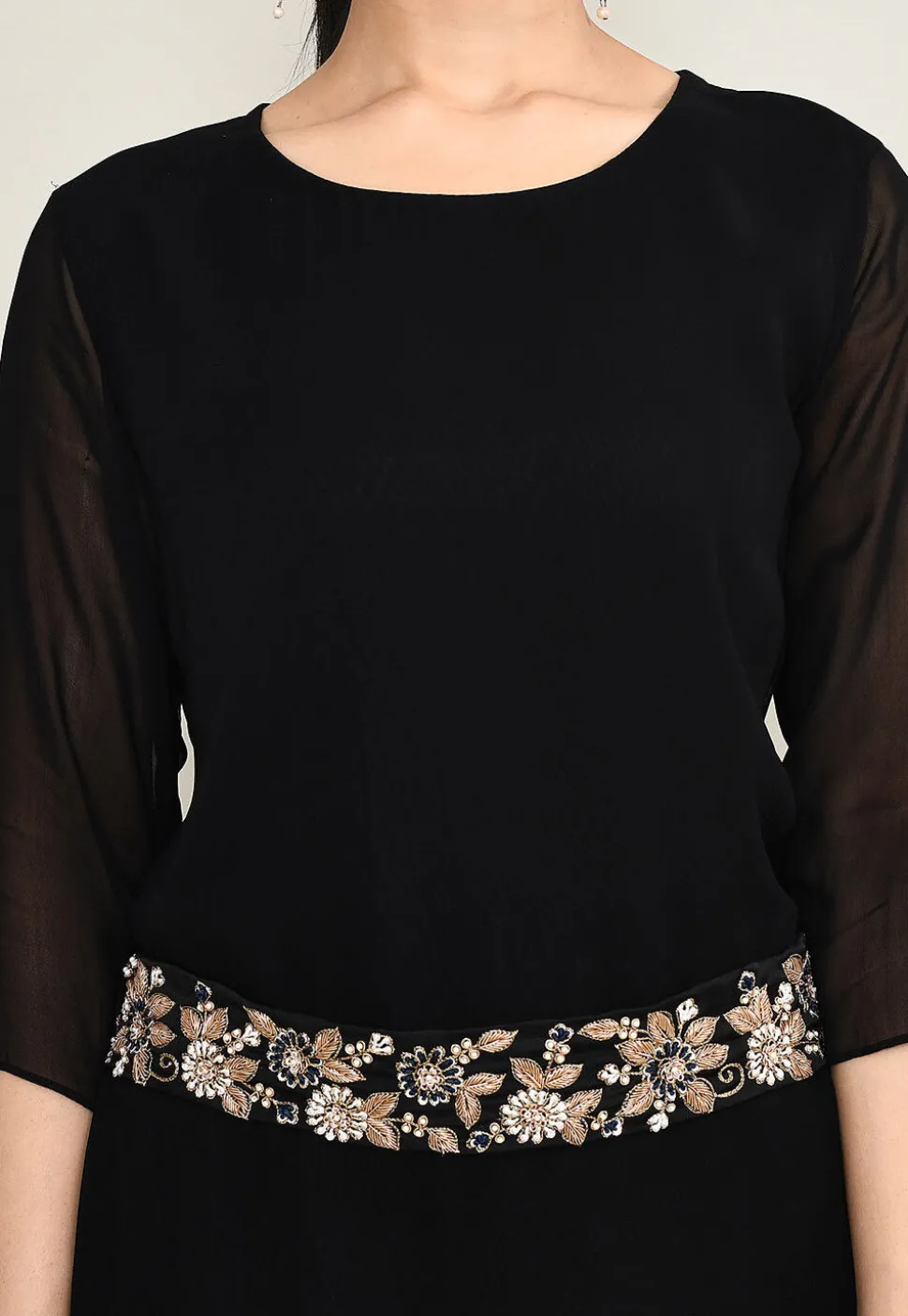 Hand Embroidered Pure Georgette Cowl Dress in Black