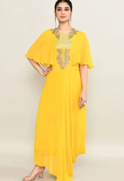 Hand Embroidered Pure Georgette Cowl Gown in Yellow