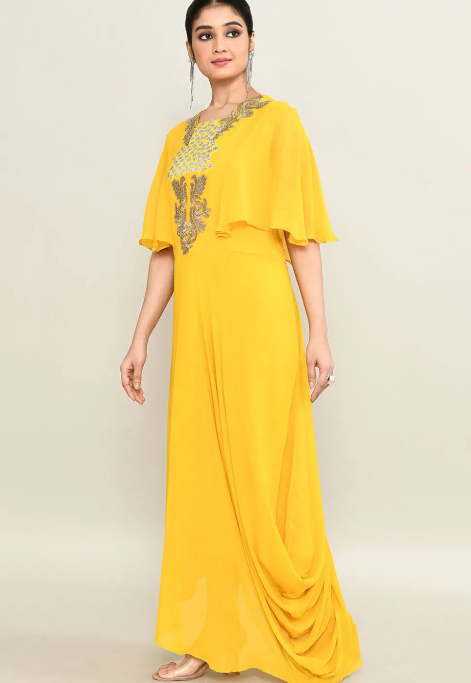 Hand Embroidered Pure Georgette Cowl Gown in Yellow