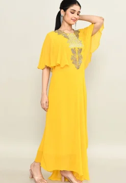 Hand Embroidered Pure Georgette Cowl Gown in Yellow