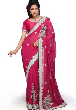 Hand Embroidered Pure Georgette Saree in Fuchsia
