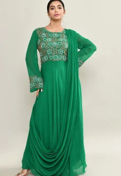 Hand Embroidered Pure Georgette Gown with Attached Dupatta in Green