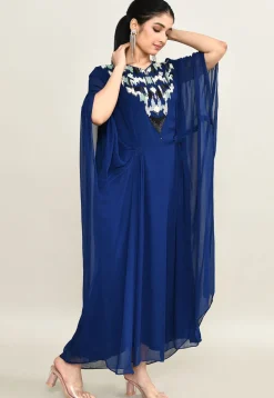 Hand Embroidered Pure Georgette Kaftan Dress in Royal Blue