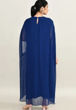 Hand Embroidered Pure Georgette Kaftan Dress in Royal Blue