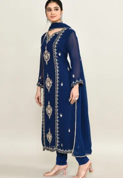 Hand Embroidered Pure Georgette Pakistani Suit in Navy Blue