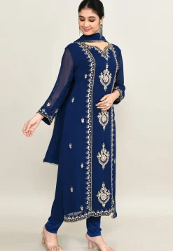 Hand Embroidered Pure Georgette Pakistani Suit in Navy Blue