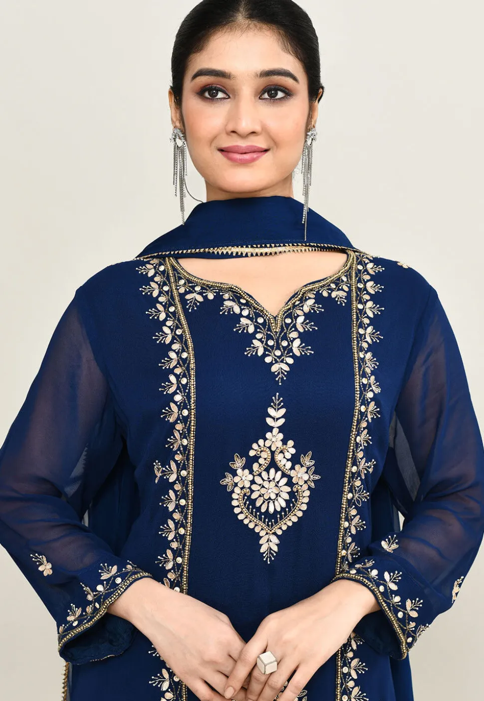 Hand Embroidered Pure Georgette Pakistani Suit in Navy Blue