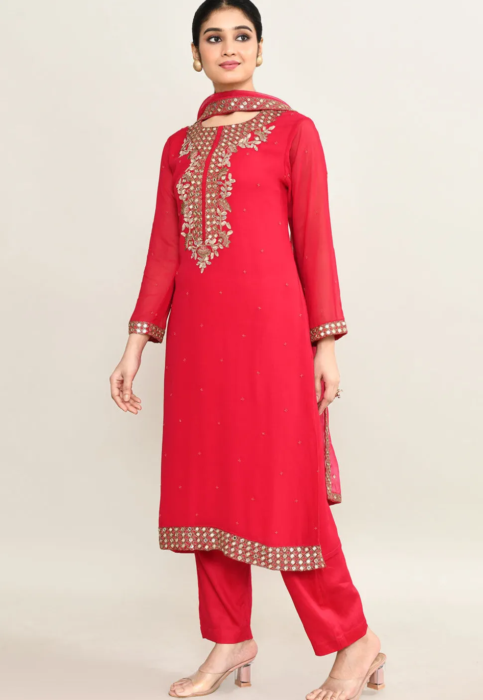 Hand Embroidered Pure Georgette Pakistani Suit in Coral Pink