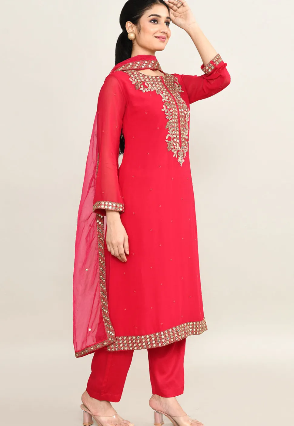 Hand Embroidered Pure Georgette Pakistani Suit in Coral Pink