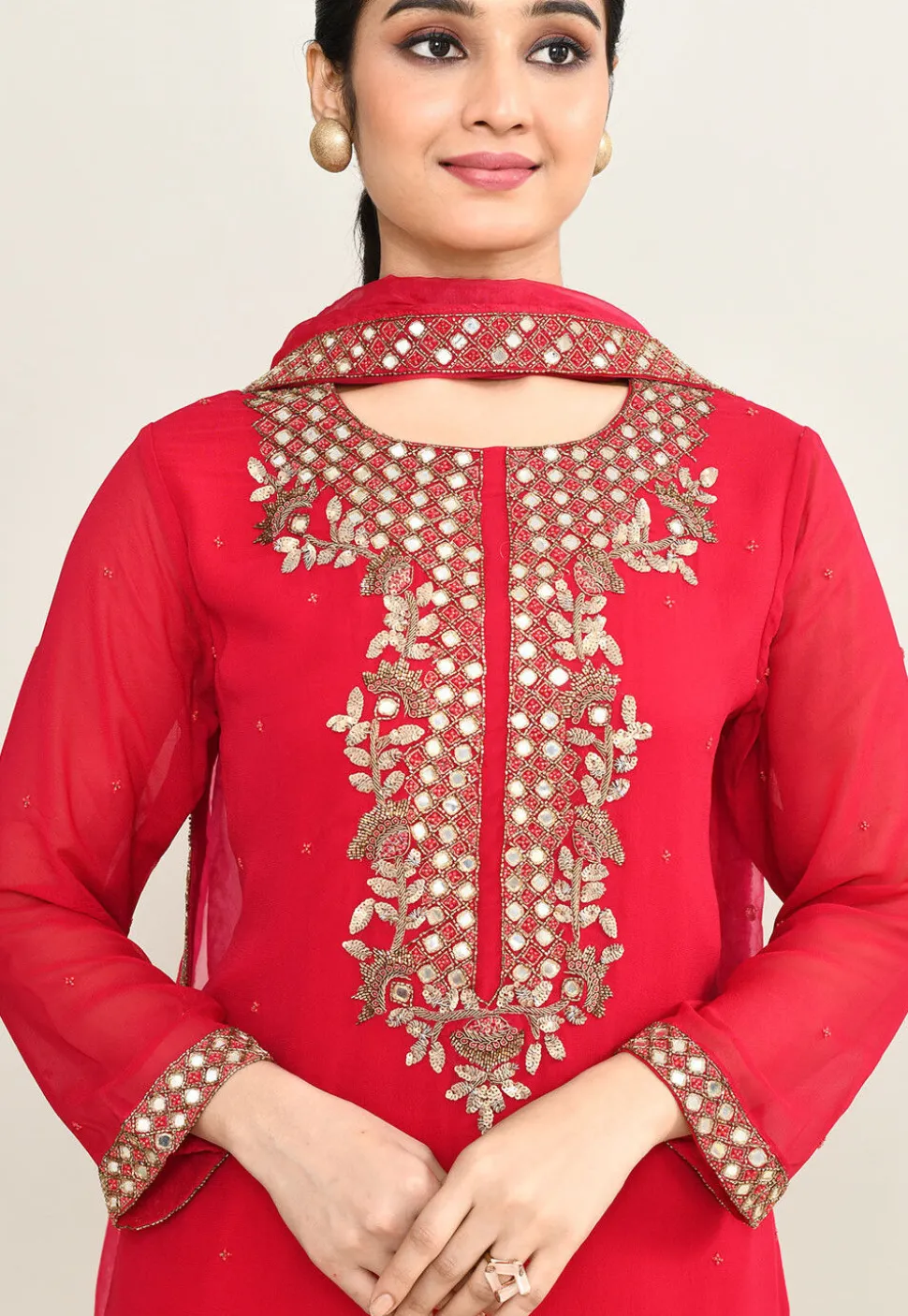Hand Embroidered Pure Georgette Pakistani Suit in Coral Pink