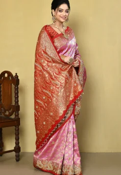 Hand Embroidered Pure Kanchipuram Silk Saree in Pink