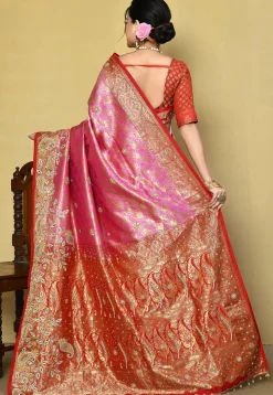 Hand Embroidered Pure Kanchipuram Silk Saree in Pink
