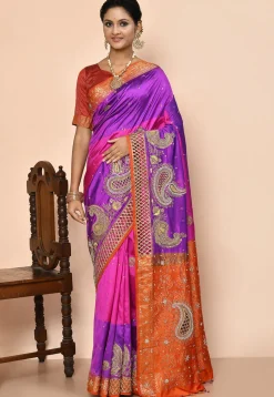 Hand Embroidered Pure Kanchipuram Silk Saree in Purple and Pink