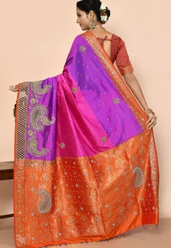 Hand Embroidered Pure Kanchipuram Silk Saree in Purple and Pink