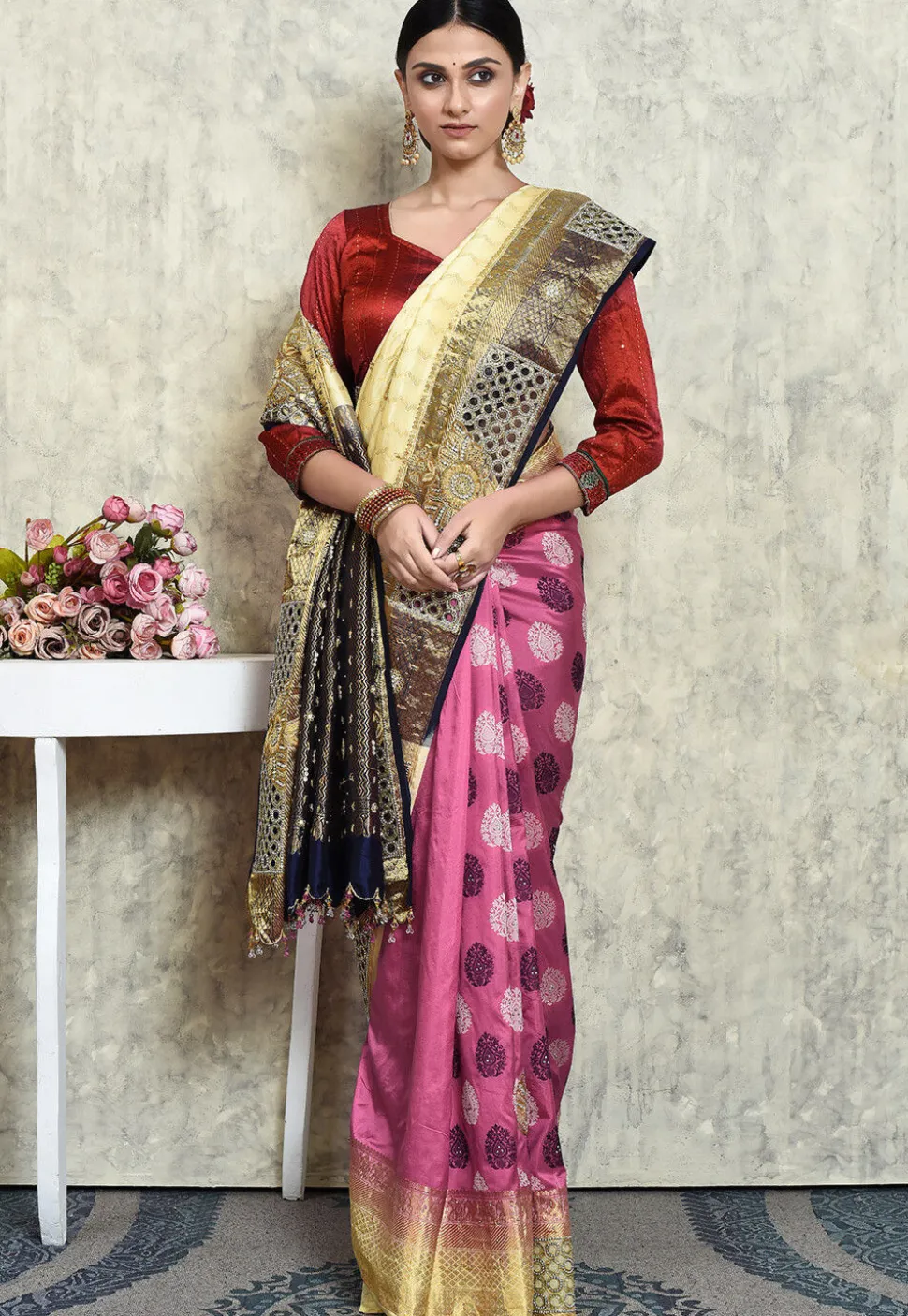 Hand Embroidered Pure Kanchipuram Silk Saree in Cream and Pink