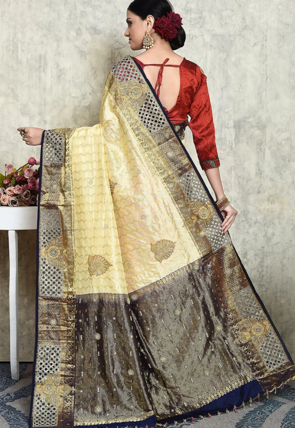 Hand Embroidered Pure Kanchipuram Silk Saree in Cream and Pink