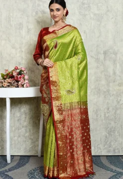 Hand Embroidered Pure Kanchipuram Saree in Green and Maroon