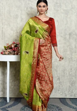 Hand Embroidered Pure Kanchipuram Saree in Green and Maroon