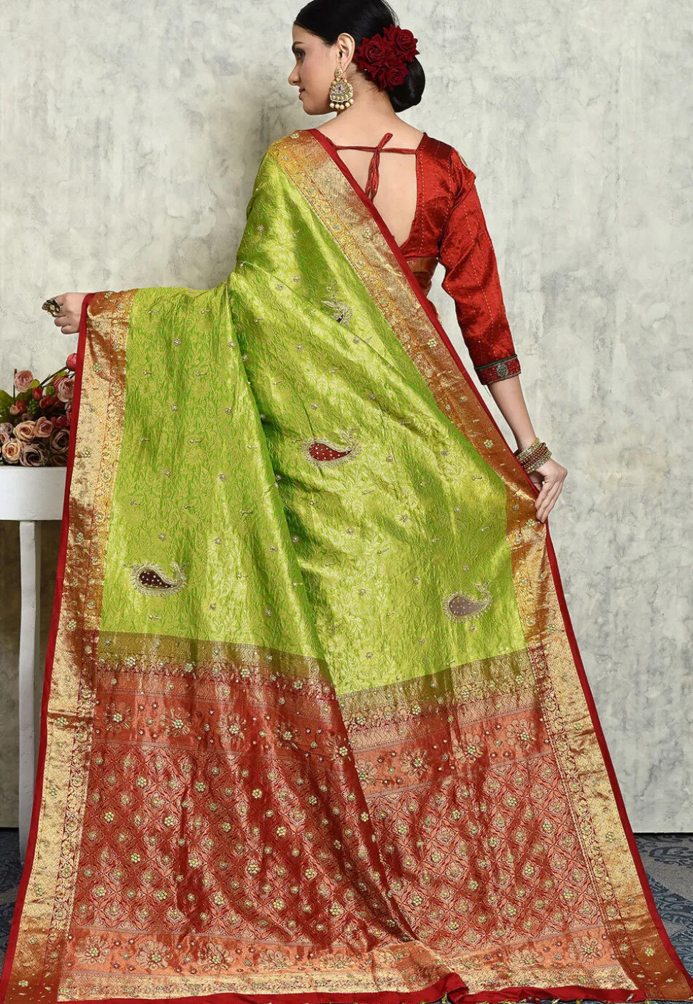 Hand Embroidered Pure Kanchipuram Saree in Green and Maroon