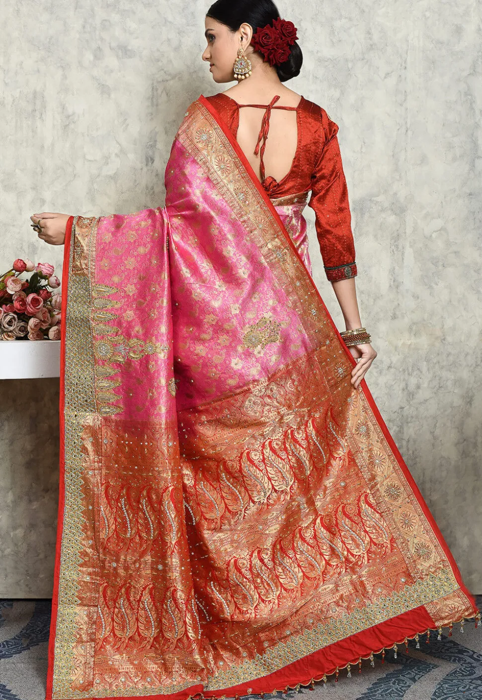 Hand Embroidered Pure Kanchipuram Silk Saree in Pink
