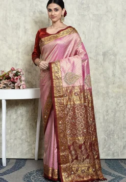 Hand Embroidered Pure Kanchipuram Silk Saree in Pink