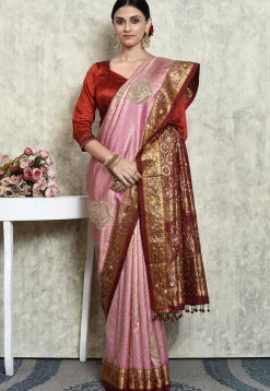 Hand Embroidered Pure Kanchipuram Silk Saree in Pink