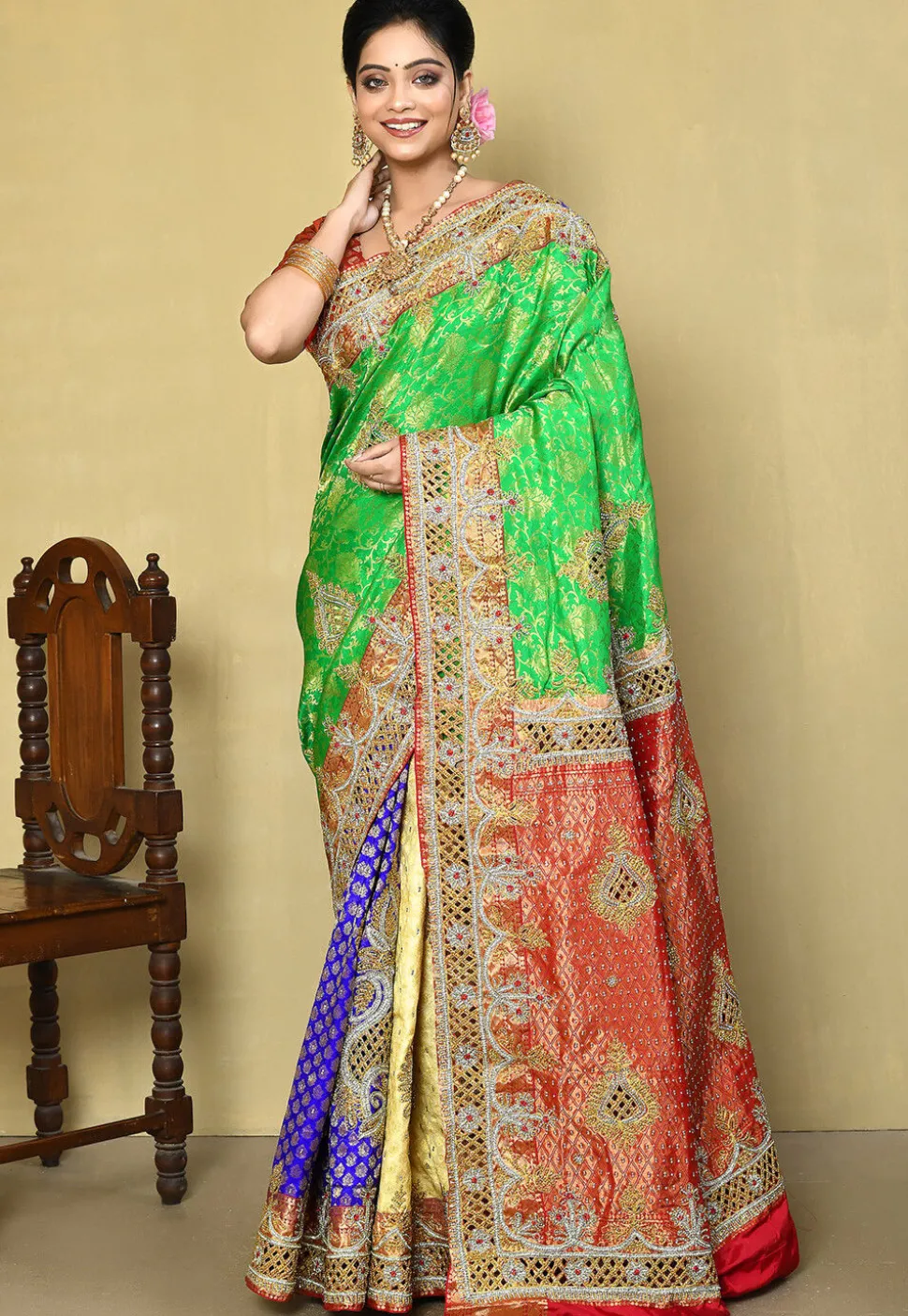 Hand Embroidered Pure Kanchipuram Saree in Green and Multicolor
