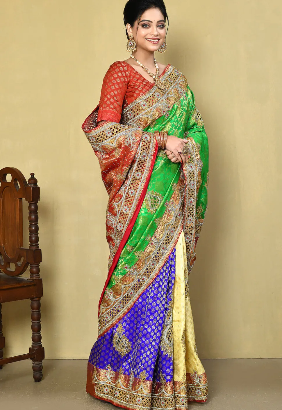 Hand Embroidered Pure Kanchipuram Saree in Green and Multicolor