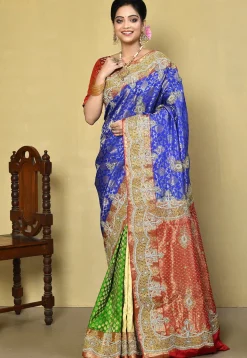 Hand Embroidered Pure Kanchipuram Saree in Blue and Multicolor