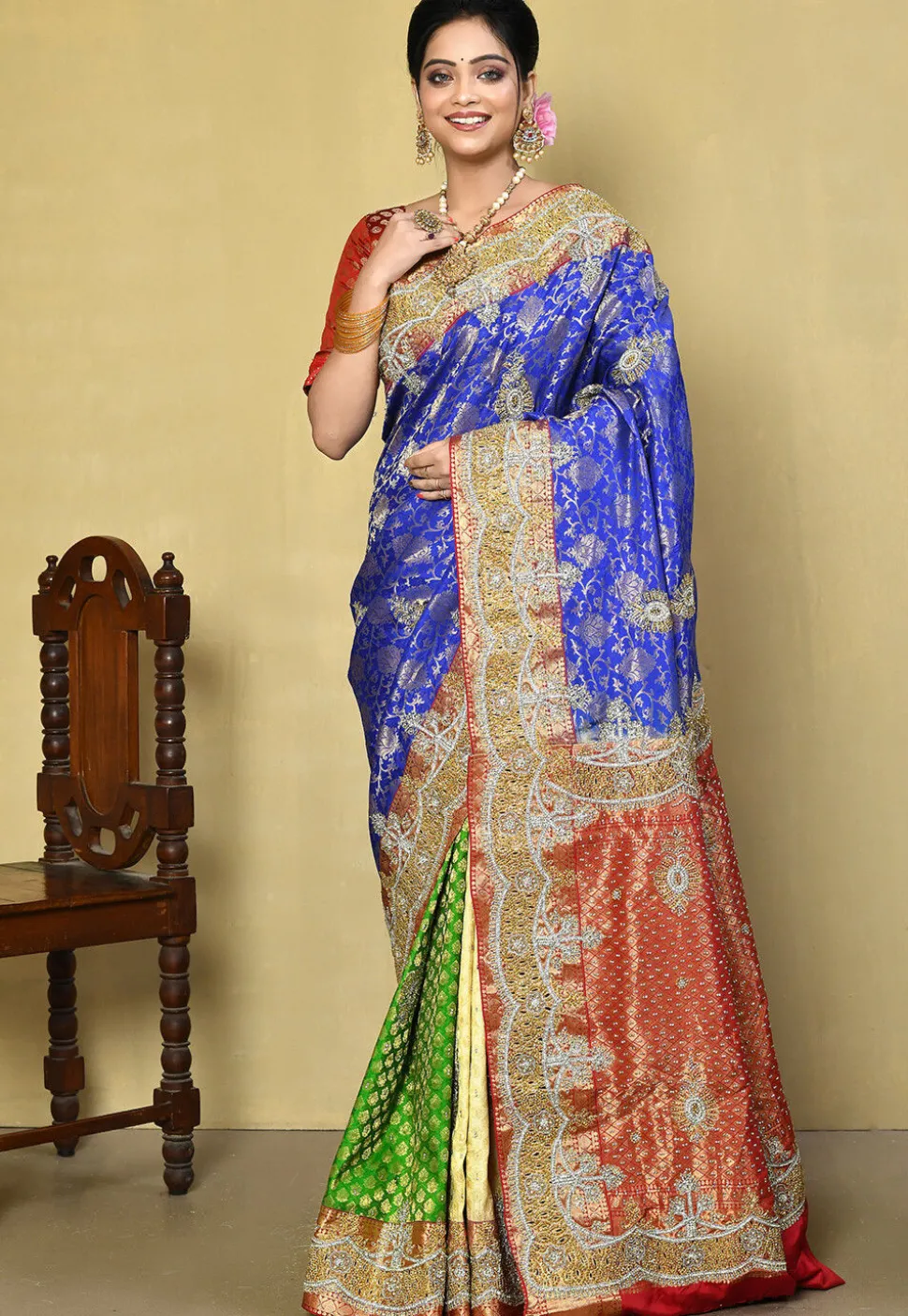 Hand Embroidered Pure Kanchipuram Saree in Blue and Multicolor
