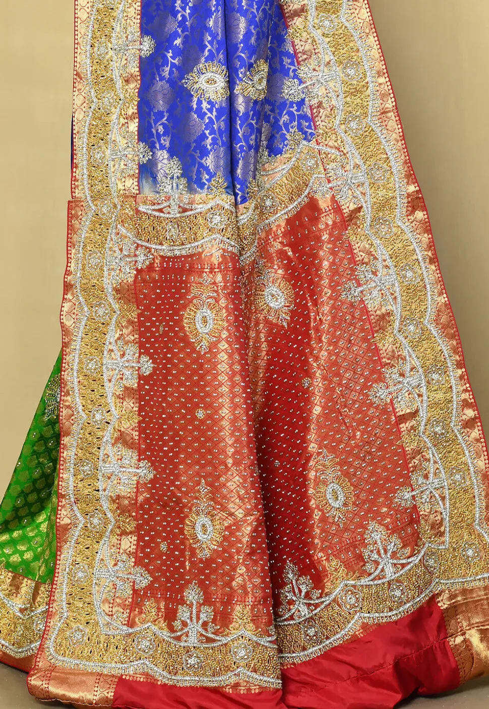 Hand Embroidered Pure Kanchipuram Saree in Blue and Multicolor