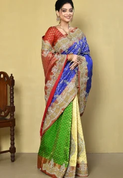 Hand Embroidered Pure Kanchipuram Saree in Blue and Multicolor