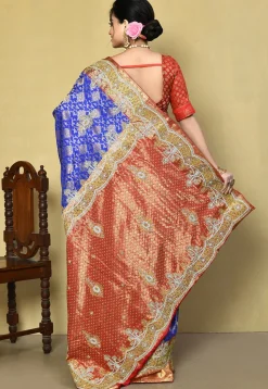 Hand Embroidered Pure Kanchipuram Saree in Blue and Multicolor