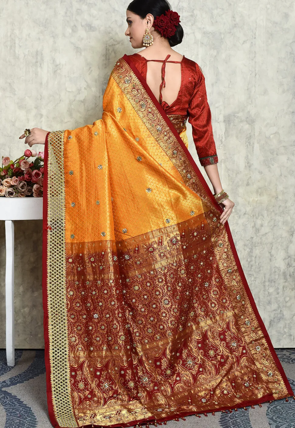 Hand Embroidered Pure Kanchipuram Saree in Orange and Maroon