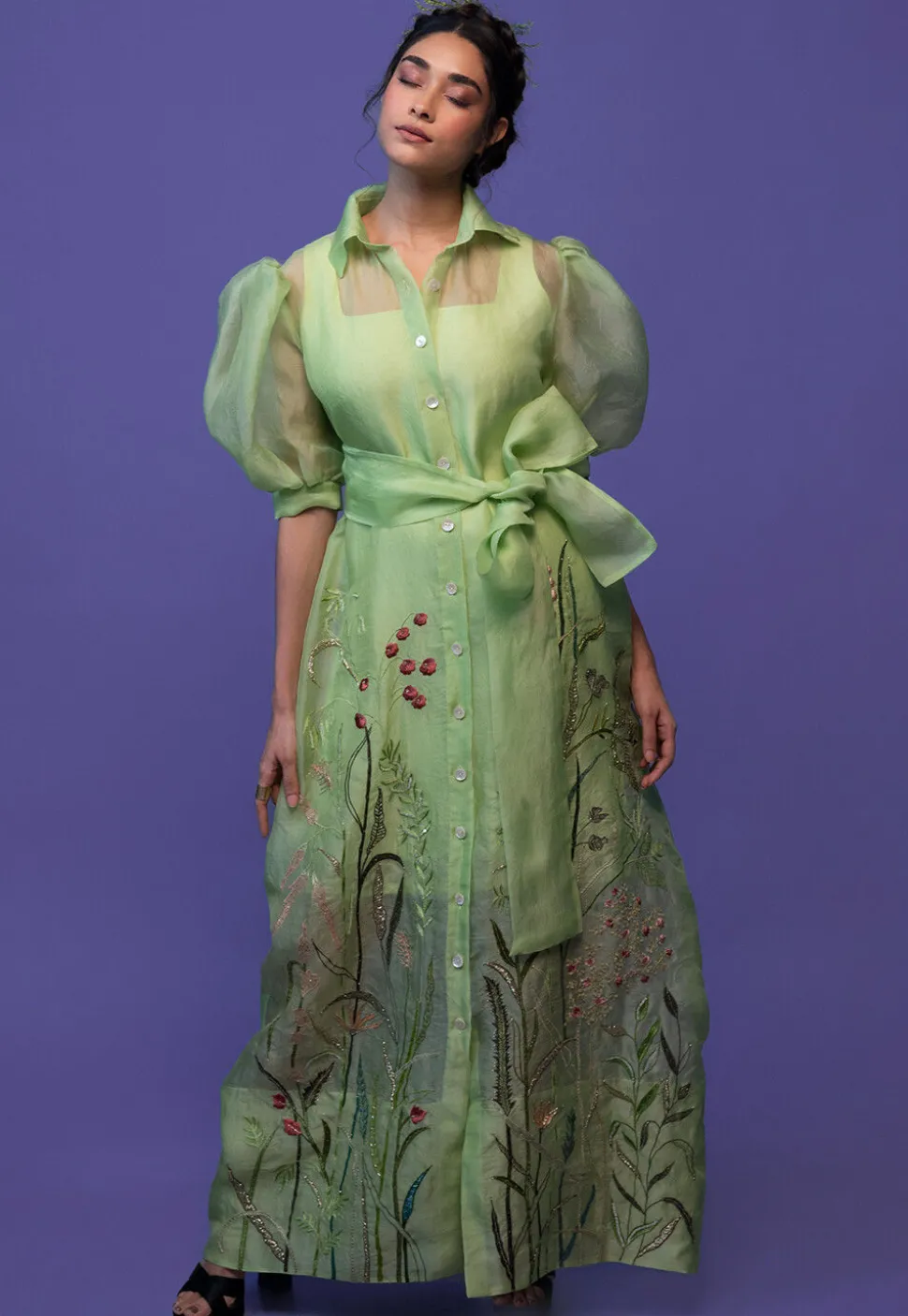 Hand Embroidered Pure Organza and Pure Crepe Maxi Dress in Pastel Green