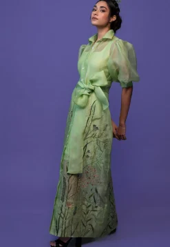 Hand Embroidered Pure Organza and Pure Crepe Maxi Dress in Pastel Green