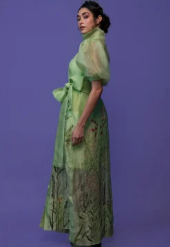 Hand Embroidered Pure Organza and Pure Crepe Maxi Dress in Pastel Green