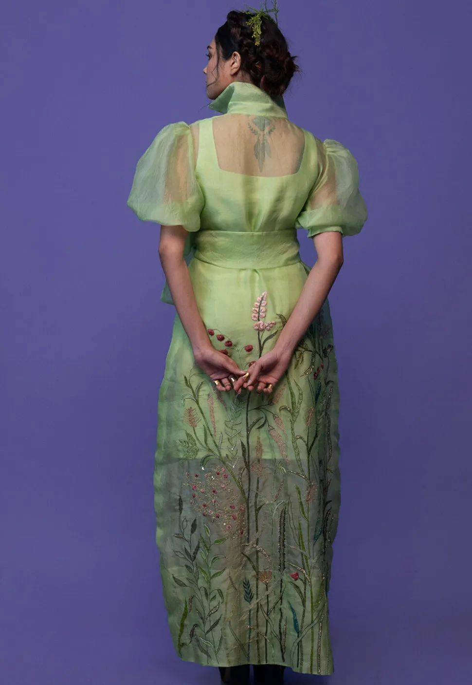 Hand Embroidered Pure Organza and Pure Crepe Maxi Dress in Pastel Green