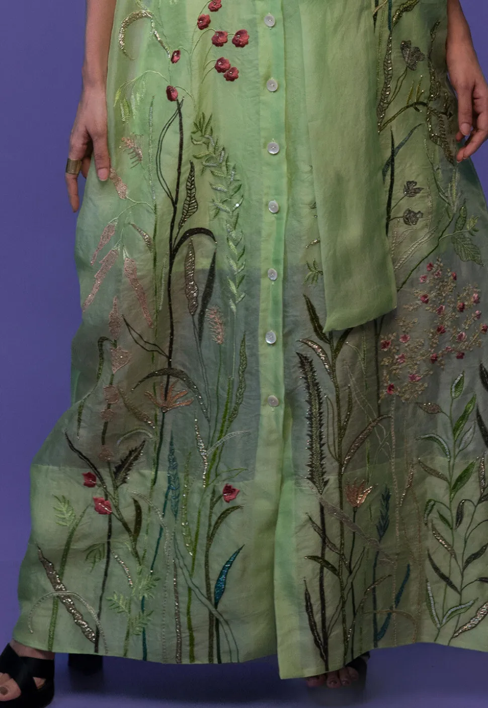 Hand Embroidered Pure Organza and Pure Crepe Maxi Dress in Pastel Green