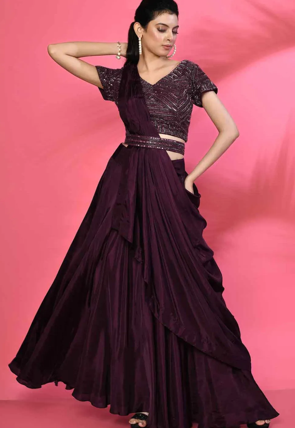 Hand Embroidered Pure Silk Crop Top Set in Wine