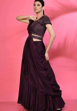 Hand Embroidered Pure Silk Crop Top Set in Wine