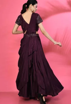 Hand Embroidered Pure Silk Crop Top Set in Wine