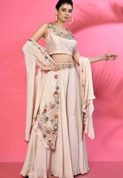 Hand Embroidered Pure Silk Crop Top Set in Beige