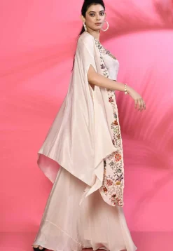 Hand Embroidered Pure Silk Crop Top Set in Beige