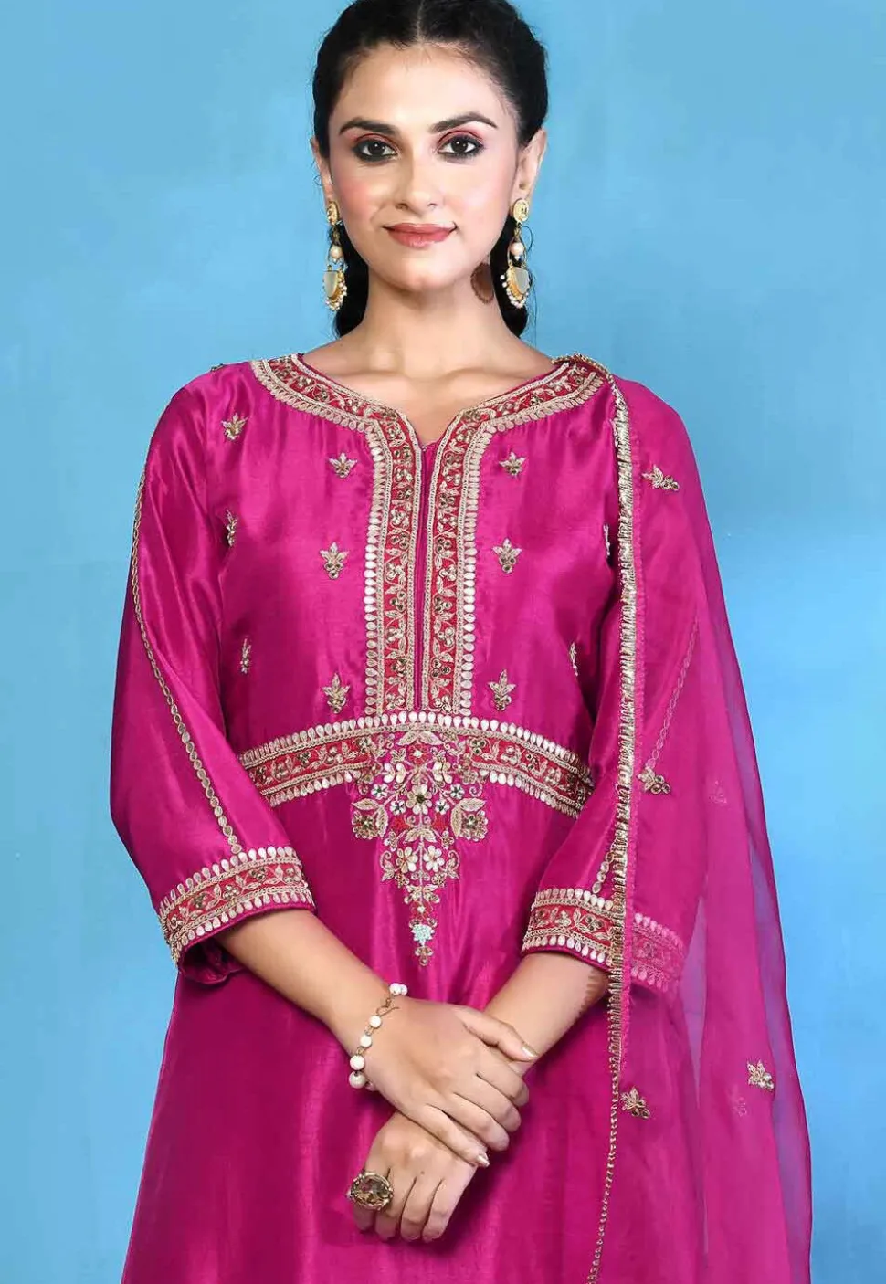 Hand Embroidered Pure Silk Pakistani Suit in Magenta
