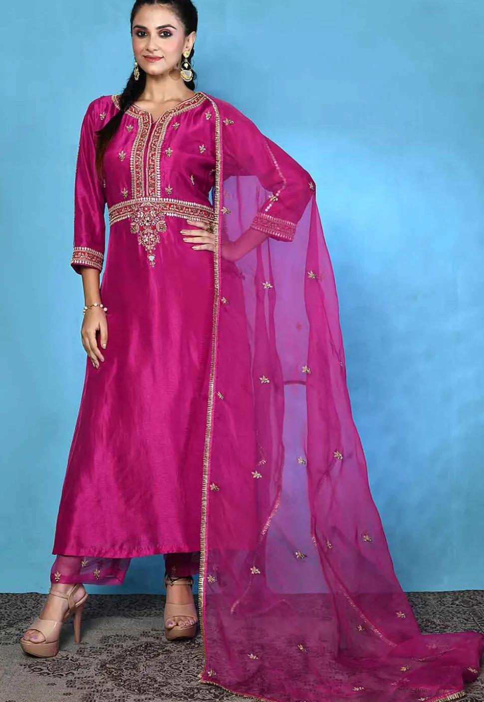 Hand Embroidered Pure Silk Pakistani Suit in Magenta