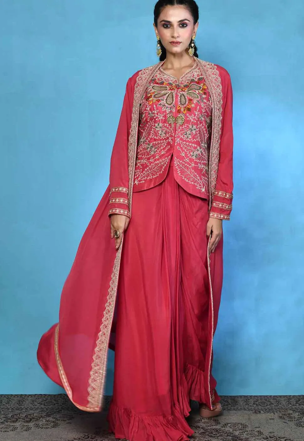 Hand Embroidered Pure Silk Top Set in Coral Pink